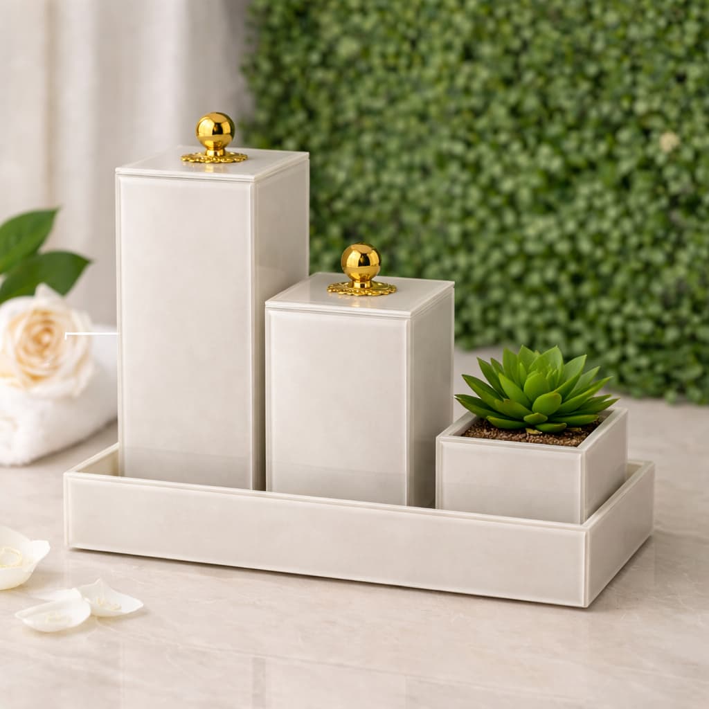 Kit Lavabo 4 Peças em Vidro Porta Escova Com Tampa + Porta Cotonete + Arranjo decorativo  e Bandeja Luxo Para Banheiro