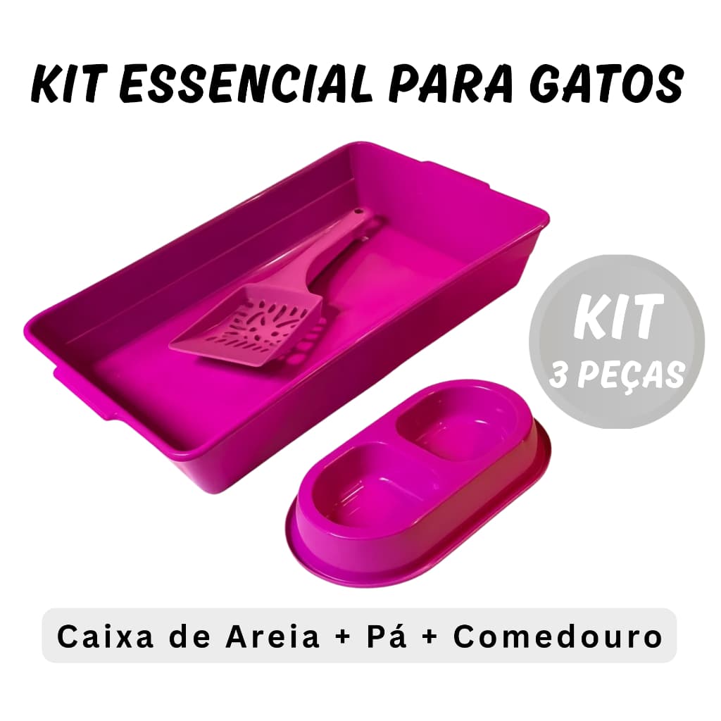Caixa de Areia para Gatos Kit com Bandeja Pá Higiênica e Comedouro Duplo Completo Kit c/ 3 peças