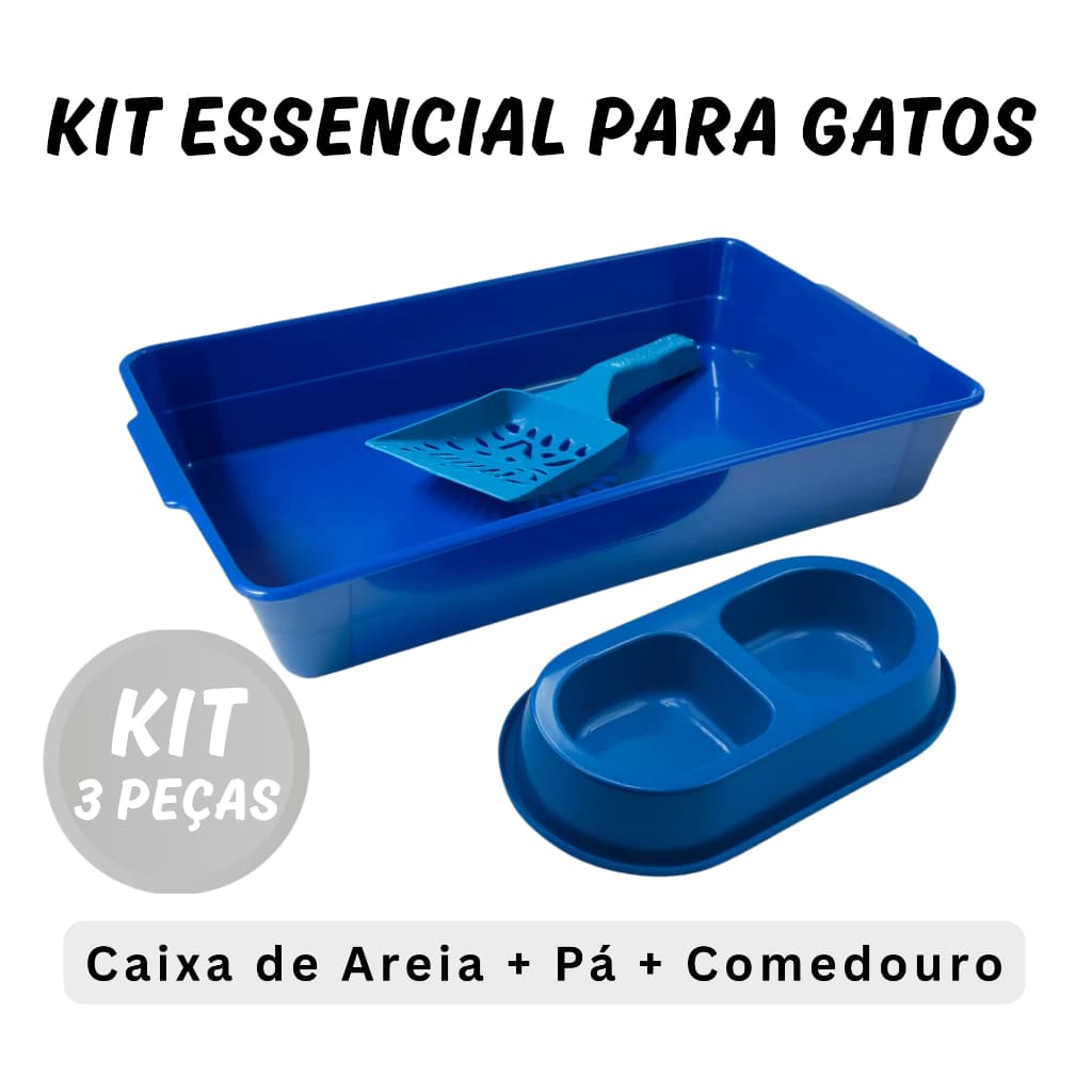 Kit Bandeja Pá Higiênica e Comedouro Duplo Kit Completo Caixa de Areia para Gatos c/ 3 peças