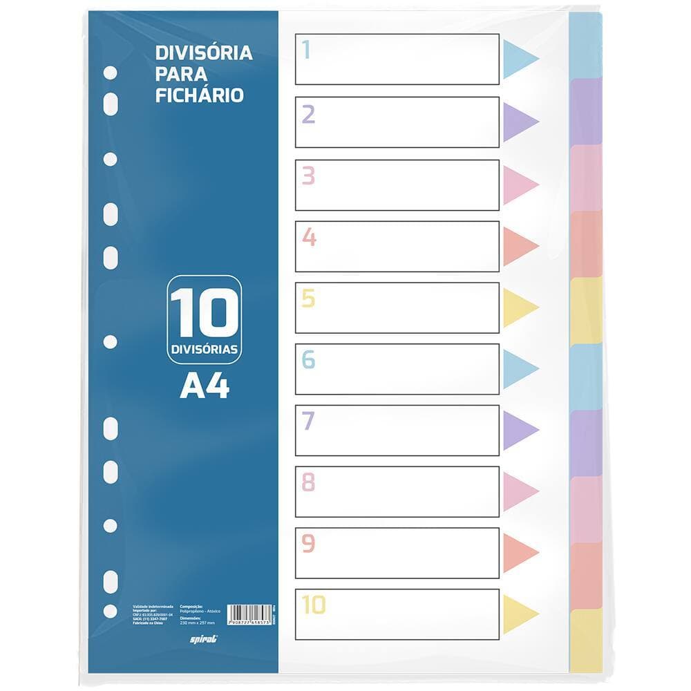 Divisória para fichário Spiral com 10 divisórias em Tons pastel