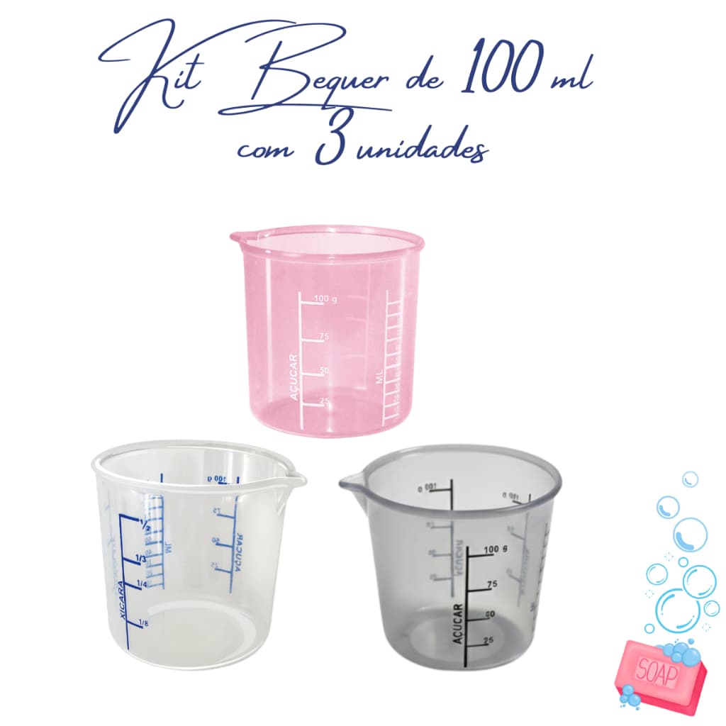 Kit 3 Béquer Copos Medidor Bico Dosador Medida 100ml Azul Rosa e Fume CORES ALEATORIOAS