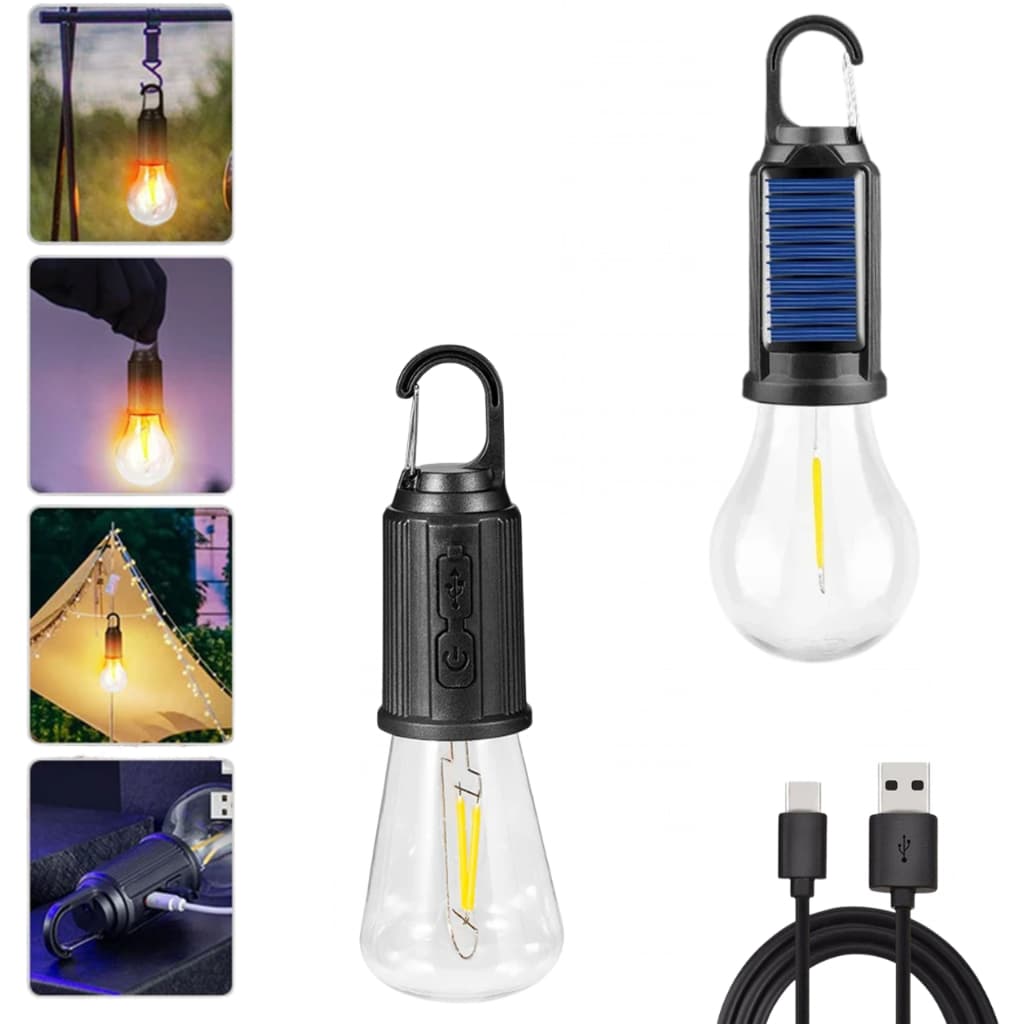 Lampada de Camping Solar 15W Recarregável Portátil LED Gancho A prova D'água Luz Emergência
