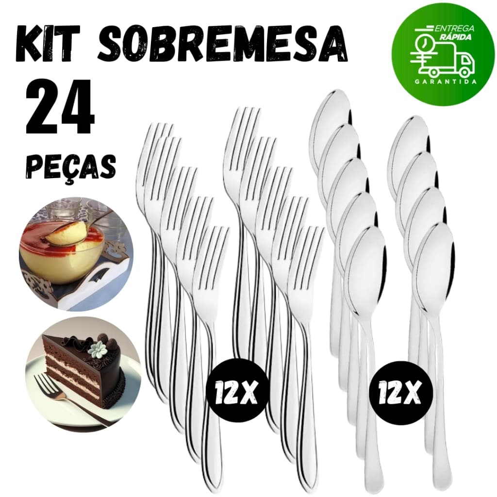 Kit 24 Talheres Aço Inox Garfo e Colher Sobremesa Doces Cozinha Restaurante Bares
