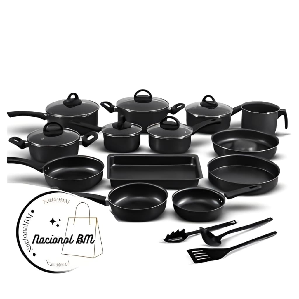 Jogo de Panelas Antiaderente 16 Peças Preto com Teflon  Tampa de Vidro Varias Cores