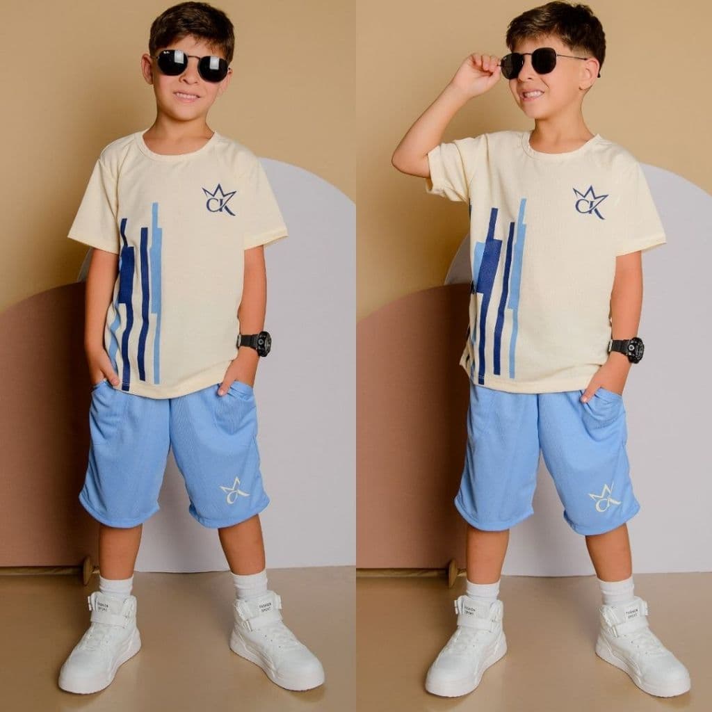 Conjunto Infantil Menino Juvenil Verão Estiloso bermuda e Camiseta Premium  Veste Do 2 até 12 anos
