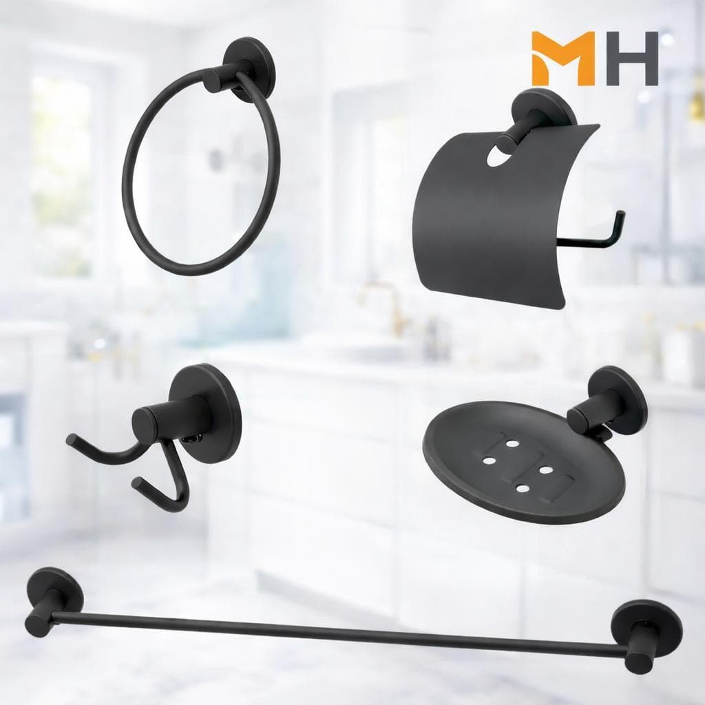 Kit Banheiro 5 Peças Preto Fosco Porta Toalha Reto + Redondo + Papeleira Inox + Saboneteira + Cabide