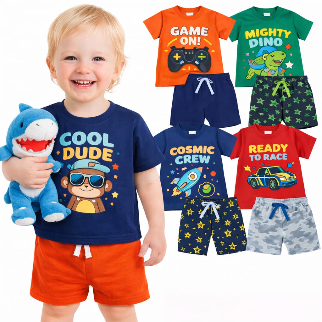 Kit 4 Peças De Roupa Infantil Menino Verão = Kit 2 Camisas + 2 Shorts Masculino Sortidos Kit com 2 ou 1 Conjuntos