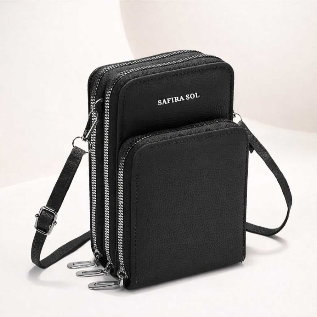 Bolsa Porta Celular Transversal Feminina com 3 Divisórias para Documentos, Maquiagem, Dia a Dia Zíper Prata