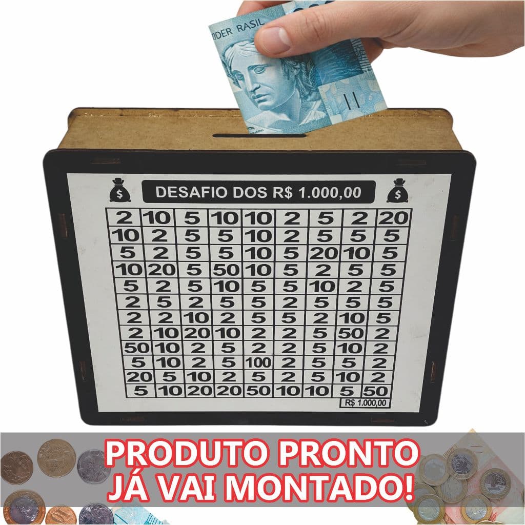 Cofre Cofrinho Desafio 1 mil Caixa de Dinheiro MDF / Método Japonês / Poupança / Depósitos Contador Pedagógico Presente