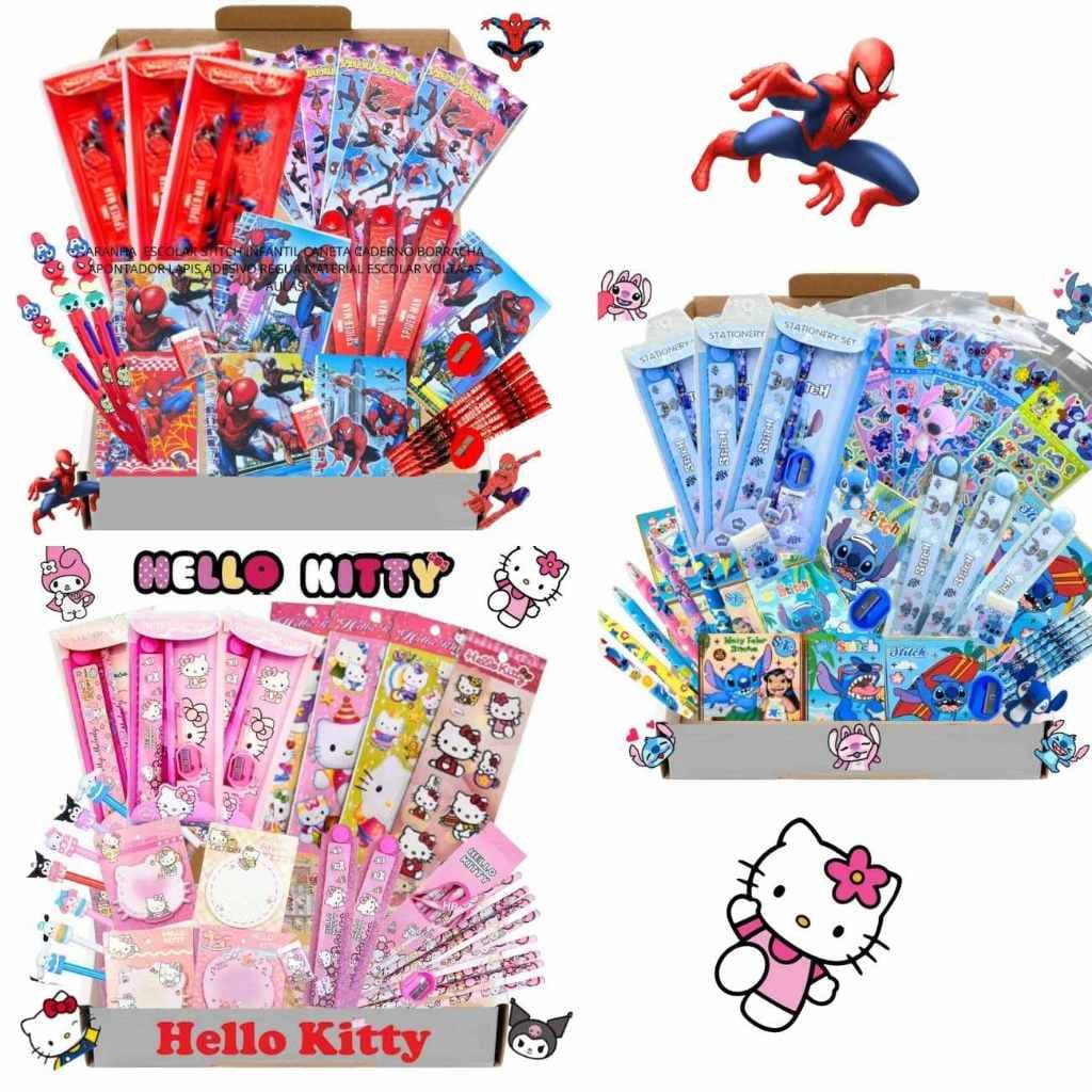 Kit Papelaria Hello Kitty Homem Aranha Stitch Kawaii Estojo Apontador Caneta Régua Borracha Caderno Presente Fofo Escola
