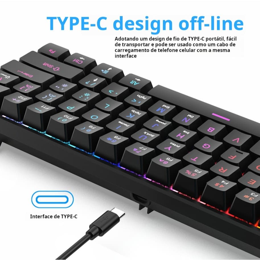 Teclado Gamer Mecânico Kunp Switch Azul 60% com Fio Usb-c Preto Rgb Para Pc Computador Video game