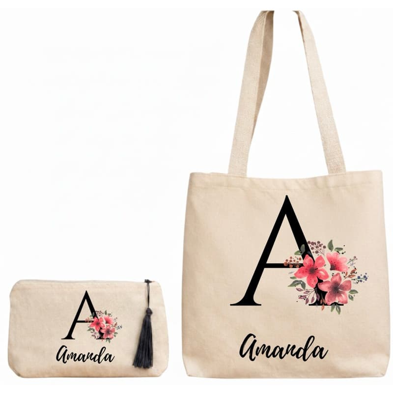 Kit BOLSA COM NOME Ecobag + Necessaire Algodão Cru Personalizado com Nome, Arte ou Logo lembranca mimo empresa