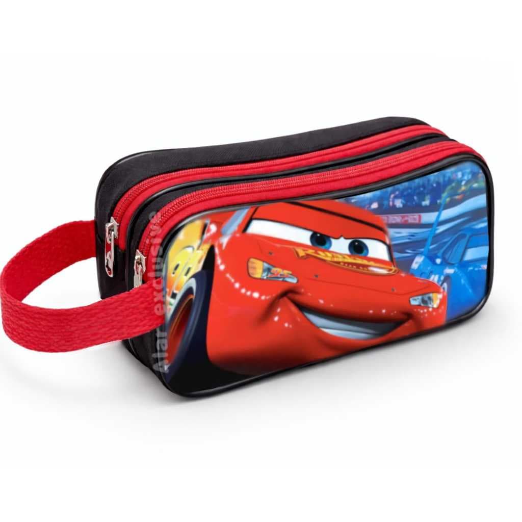 Estojo Escolar Infantil Carros Relâmpago Mcqueen 2 Compartimentos e Alça