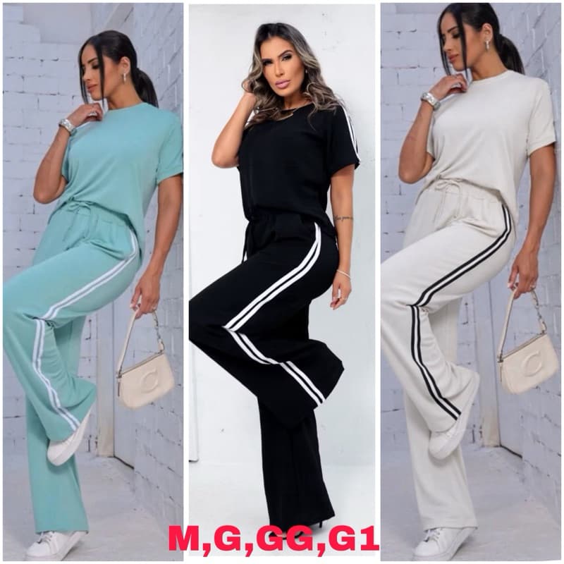 Conjunto Feminino Moletinho Calça com Bolso e Blusa Manga curta Com Elastano e Listra na Lateral.
