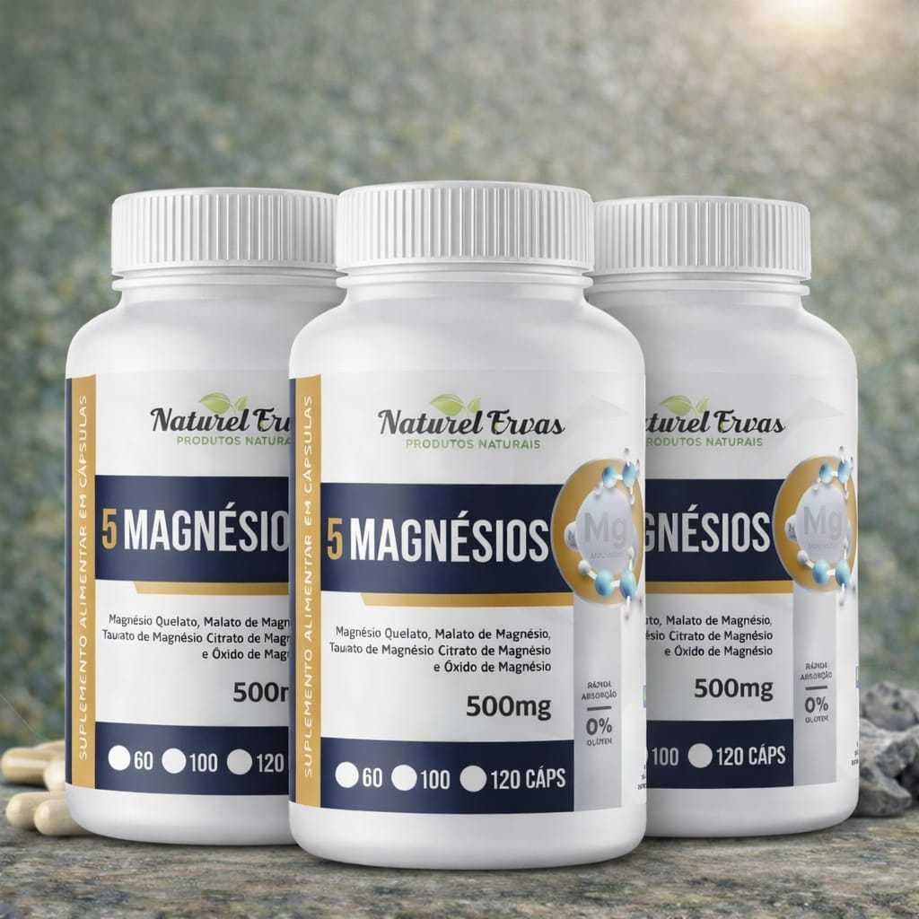 5 MAGNÉSIOS 120 cápsulas 500mg Magnésio Quelato, Malato, Turato, Citrato e Óxido