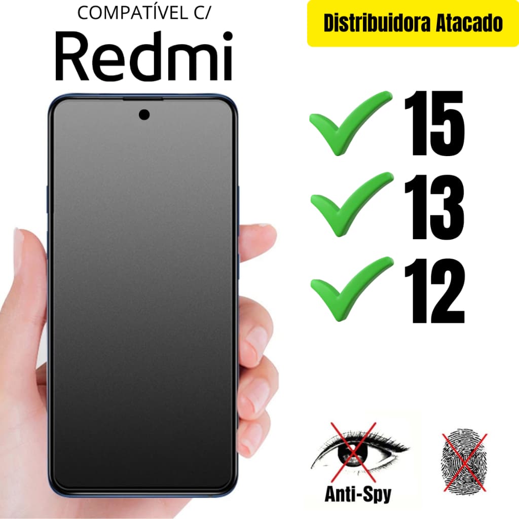 Película Cerâmica Privacidade Fosca 3D P/ Redmi 15 / Redmi 13 / Redmi 12 Matte AntiSpy Envio Rápido