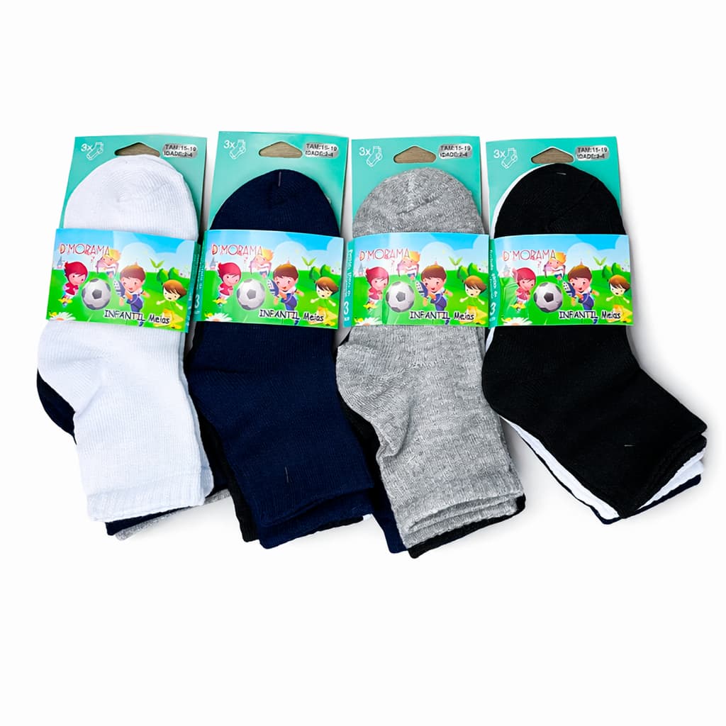 Kit Meia Infantil Escolar 6 Pares Unissex Cano Médio Algodão Branco e Preto Menino Menina