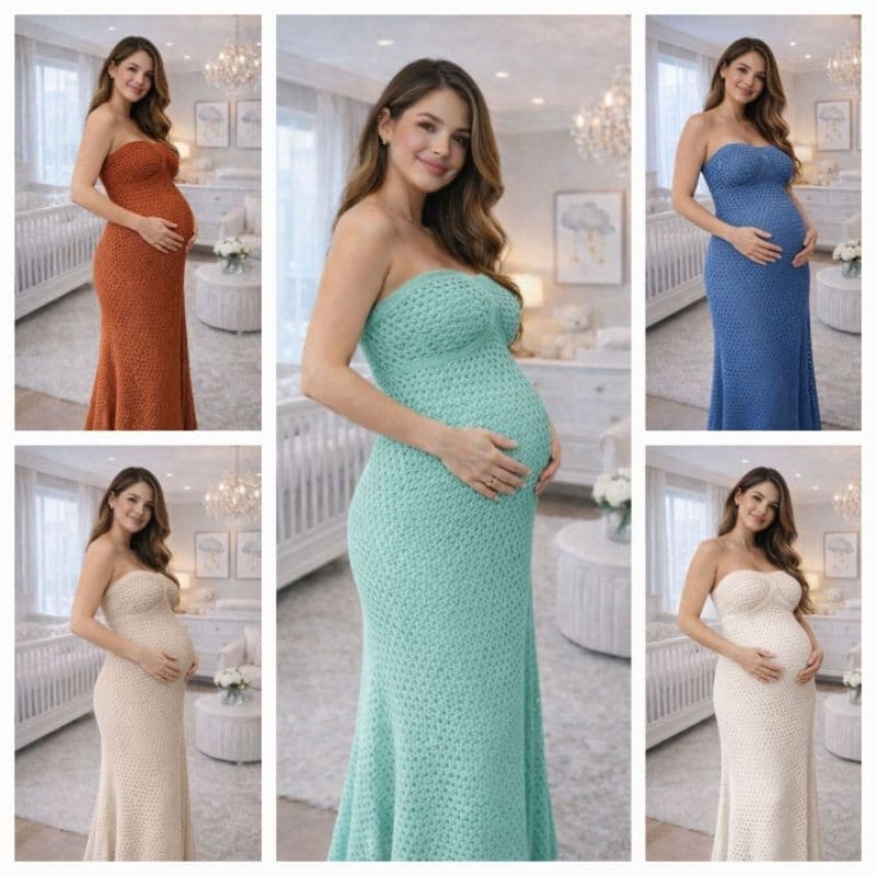 Vestido Gestante Tricot Crochê Longo – Ensaio Gestação Chá de Bebê Maternidade