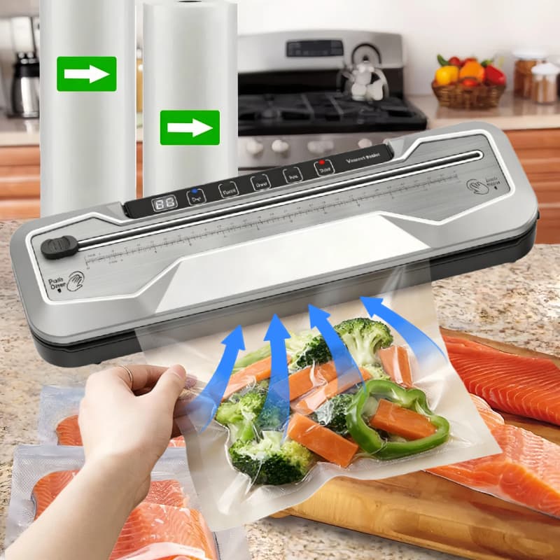 Máquina Seladora a Vácuo para Uso Seco e Úmido, 5 Modos, Inclui Cortador, Sucção Externa e Kit Completo