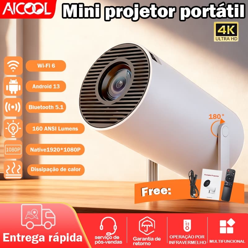 AICOOL Projetor inteligente HY300 4K HD 150 Polegadas Celular Equipado com WiFi, Bluetooth e alto-falantes integrados