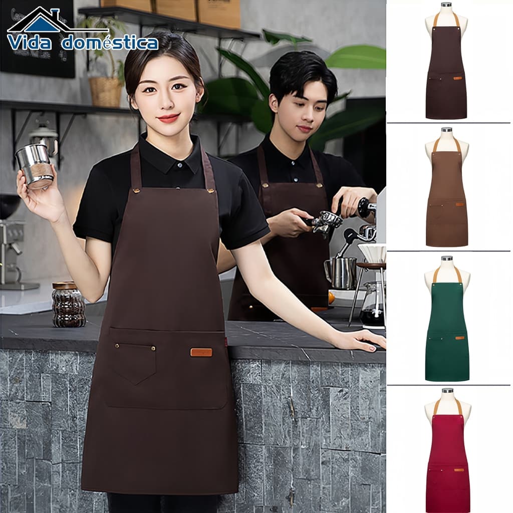 Avental À Prova D'Água com Bolso Grande e Correias de Ombro Ajustáveis Unissex para Café e Cozinha