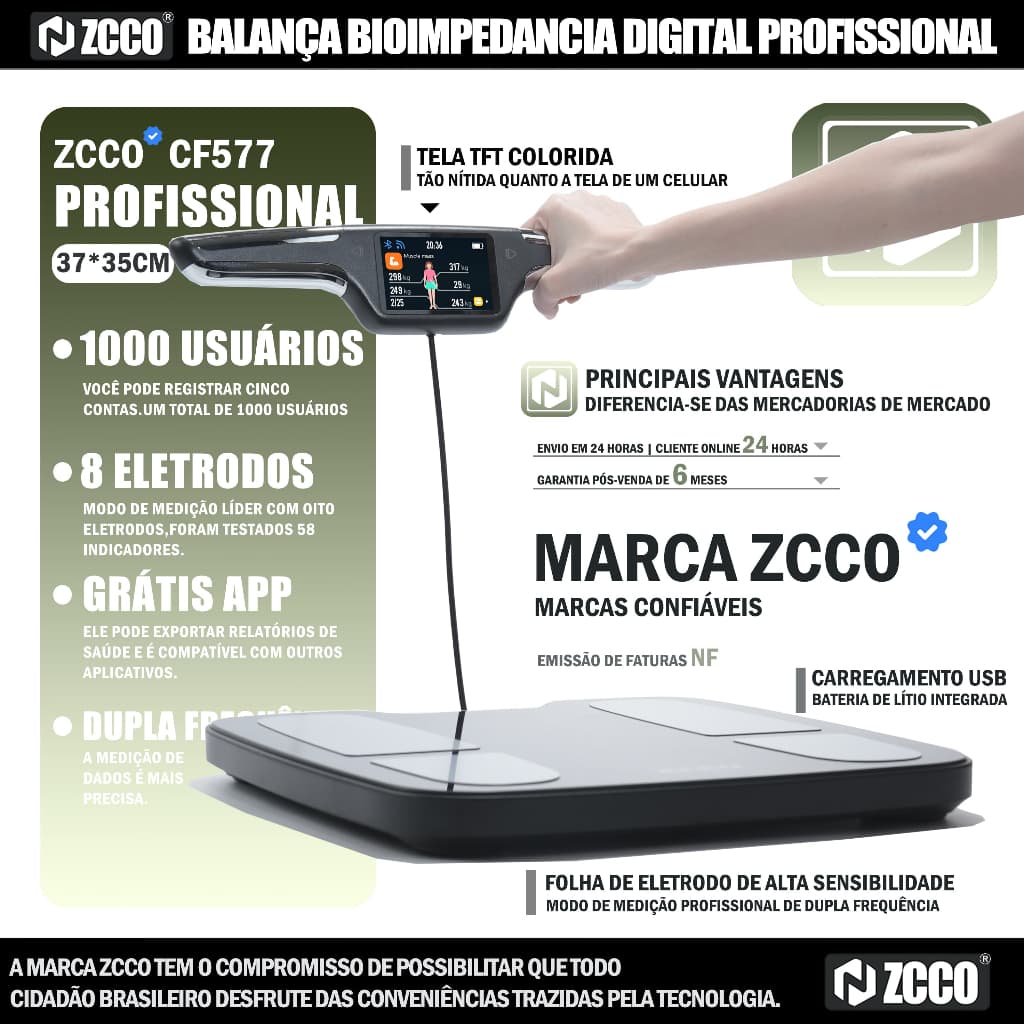 Zcco CF577 Balança Bioimpedância Digital 8 Eletrodos Smart App