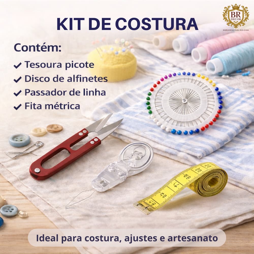 Kit de Costura 4 Itens | Tesoura Picote, Alfinetes, Passador e Fita Métrica