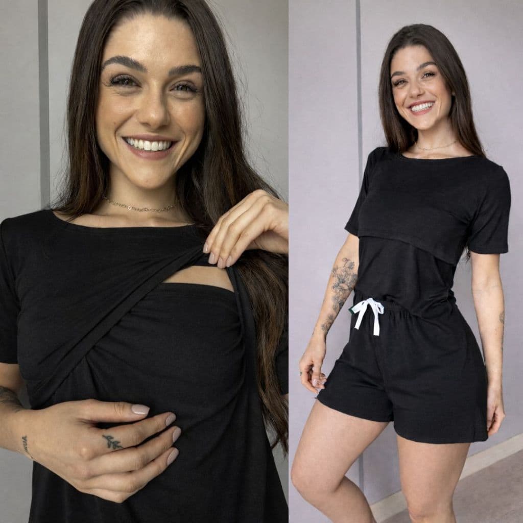 Conjunto Pijama Amamentação Pós-Parto Feminino Abertura para Amamentar Malha Macia Conforto Gestante