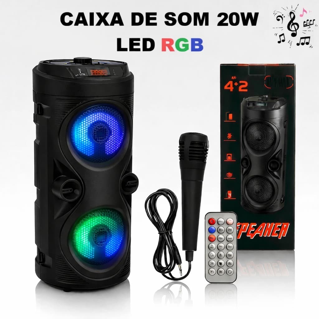 Caixa De Som Com Microfone Portátil Bluetooth Rádio Fm Usb Sd Controle Remoto Microfone Torre Preta
