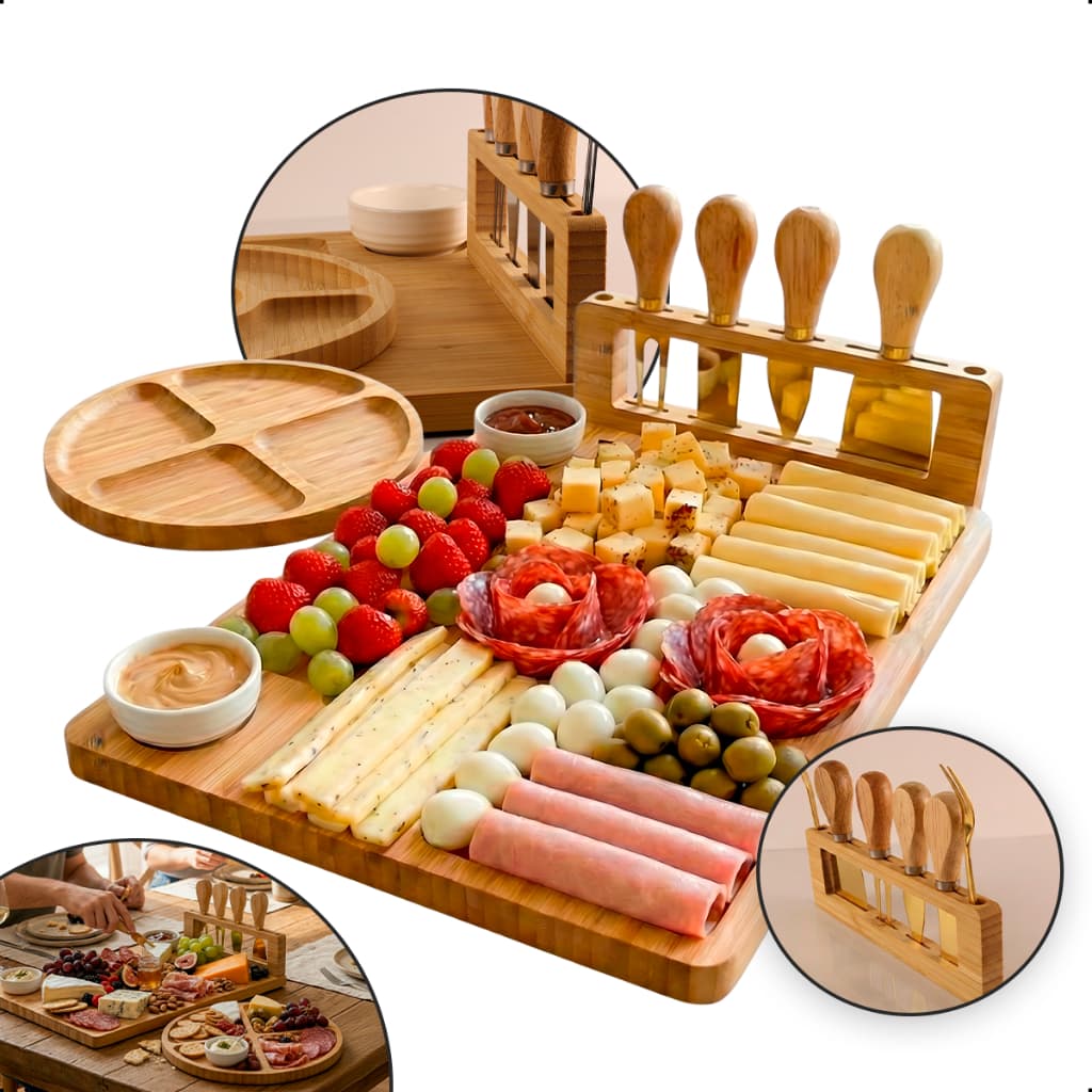 Petisqueira Queijos Frios Kit Tábua Completa Facas Garfos Talheres Dourados Jantar Presente Bambu