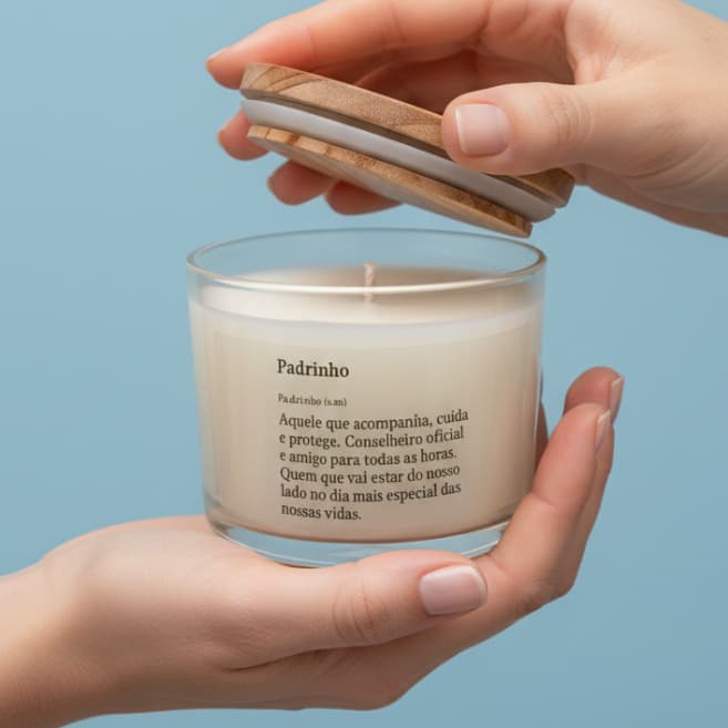Vela Aromática Madrinha Padrinho Perfumada PREMIUM Cera Vegetal Batismo Tampa de Madeira Classic Lembrança