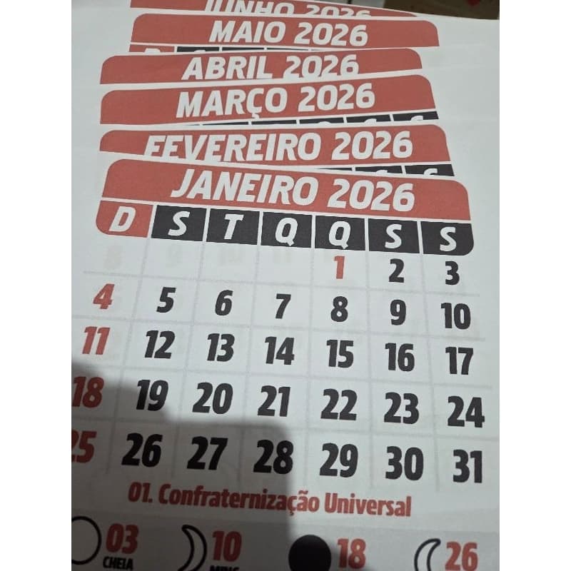 Calendário 2026 total de 12 folhas A4 - 1 folha de cada mês