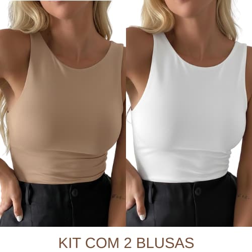 Kit 2 Blusa Regata Feminina Suplex Duplo Básica Lisa  Blogueira Regatinha Blusinha