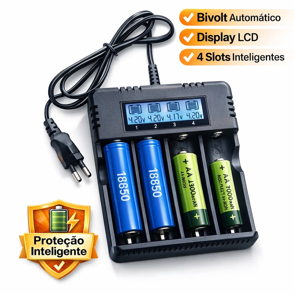Carregador De Bateria Lanterna Bivolt Display Lcd 4 e 2 Baterias 26650-18650-14500-16340 AA/AAA