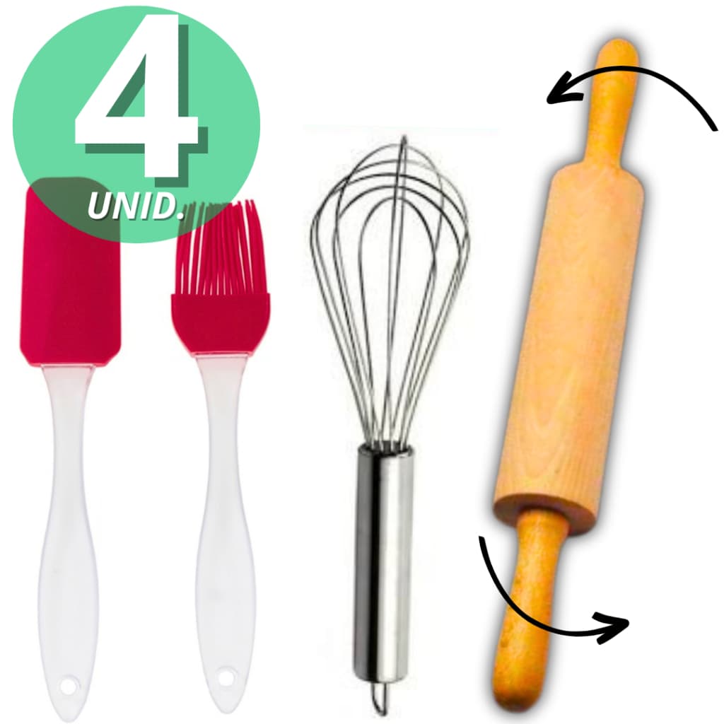 Kit 4 Confeiteiro Rolo de Massas Fue Pincel e Espatula Pão Duro