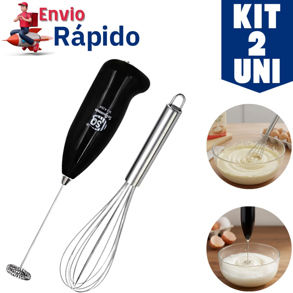 Kit 2 Batedouro de Cozinha Fouet Inox + Mixer Automático Misturador Bebidas e Ovos Premium