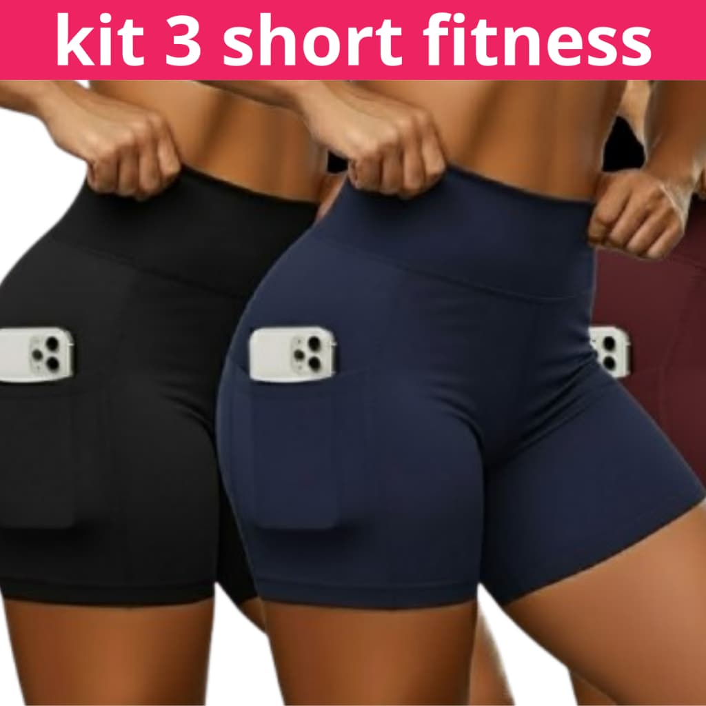 kit 3 Short de Academia Feminino Suplex Premium com Bolso Compressão, Zero Transparência