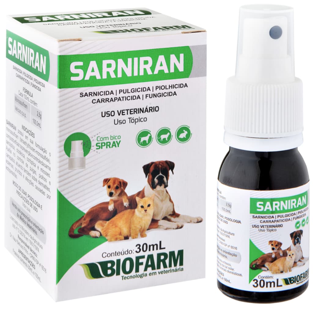 Remédio Anti Sarna Para Cachorro Gato E Coelho Sarniran 30ml - Dermatite, Coceira