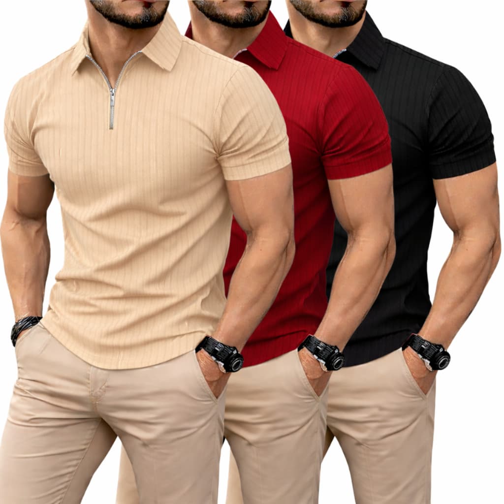 Kit 3 camisas Camiseta Polo Manga Curta Com Zíper Malha Canelada Masculina