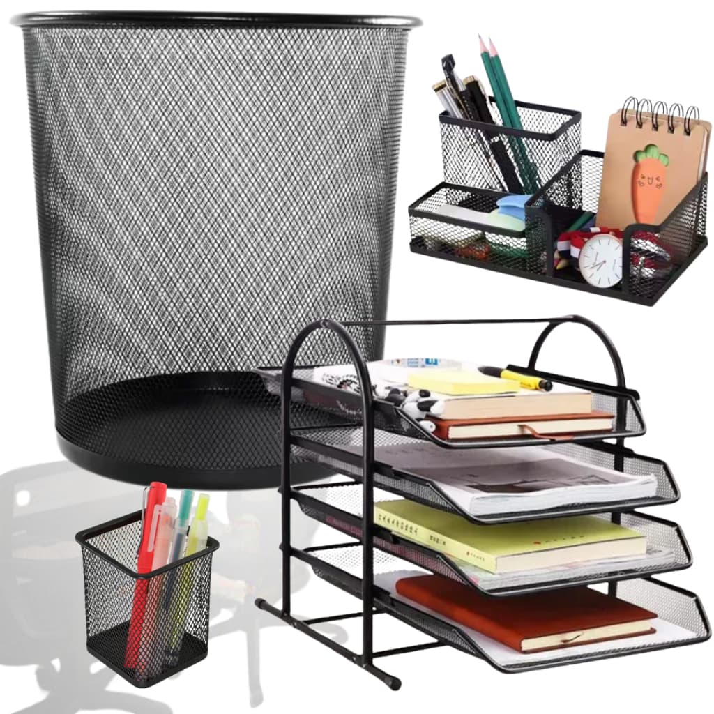 Kit Escritório Lixeira Porta Caneta Carta Papel Suporte 3 Bandejas Treco Home Office Elegante