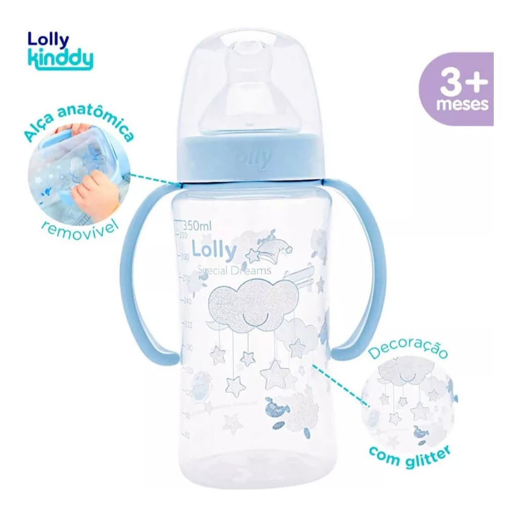 Mamadeira Brilhosa Big Dreams Anti Cólica C/ Alça Bico Silicone 350ml Lolly Azul