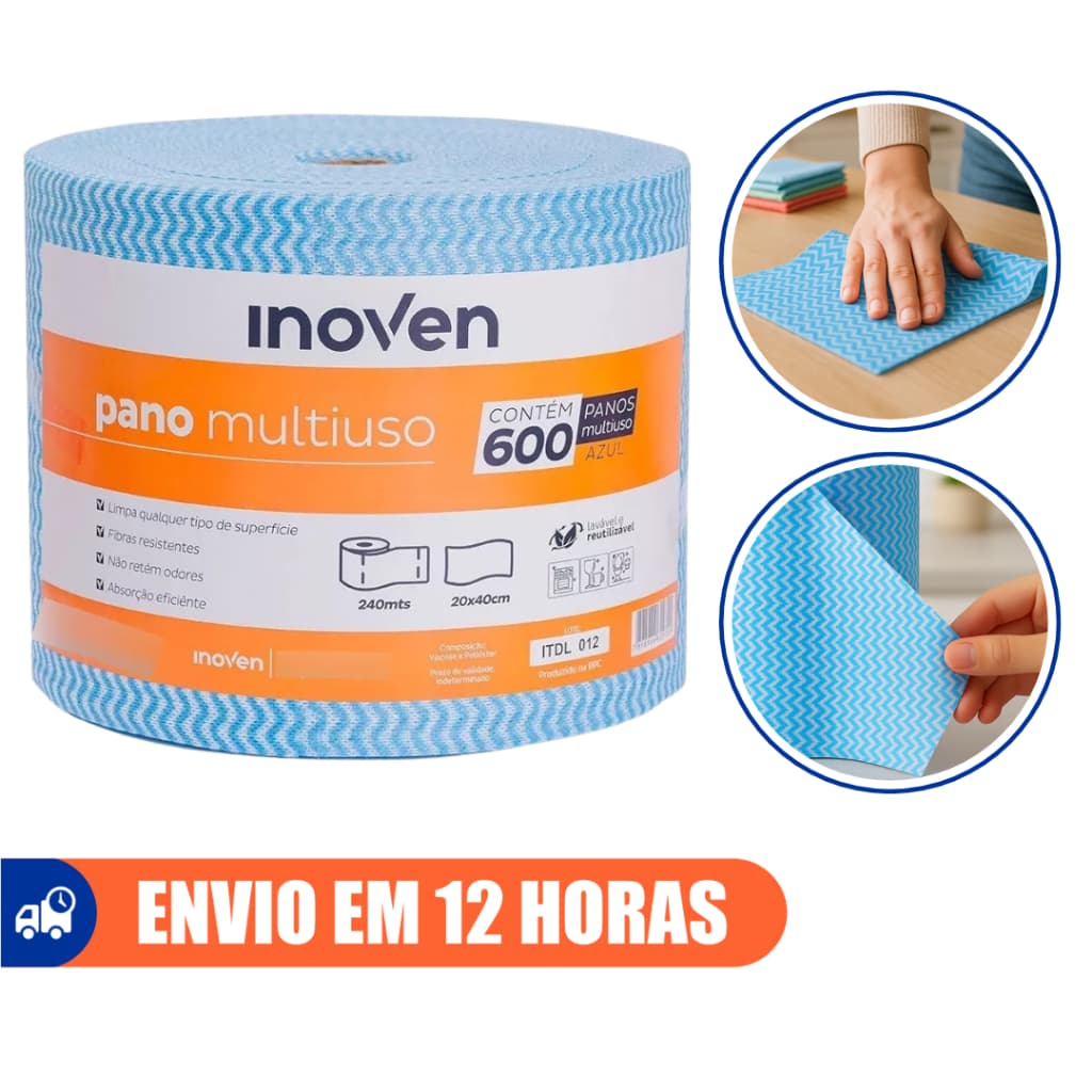 Pano Multiuso Perfex 20cmx240m Rolo com 600 Panos Azul Inoven