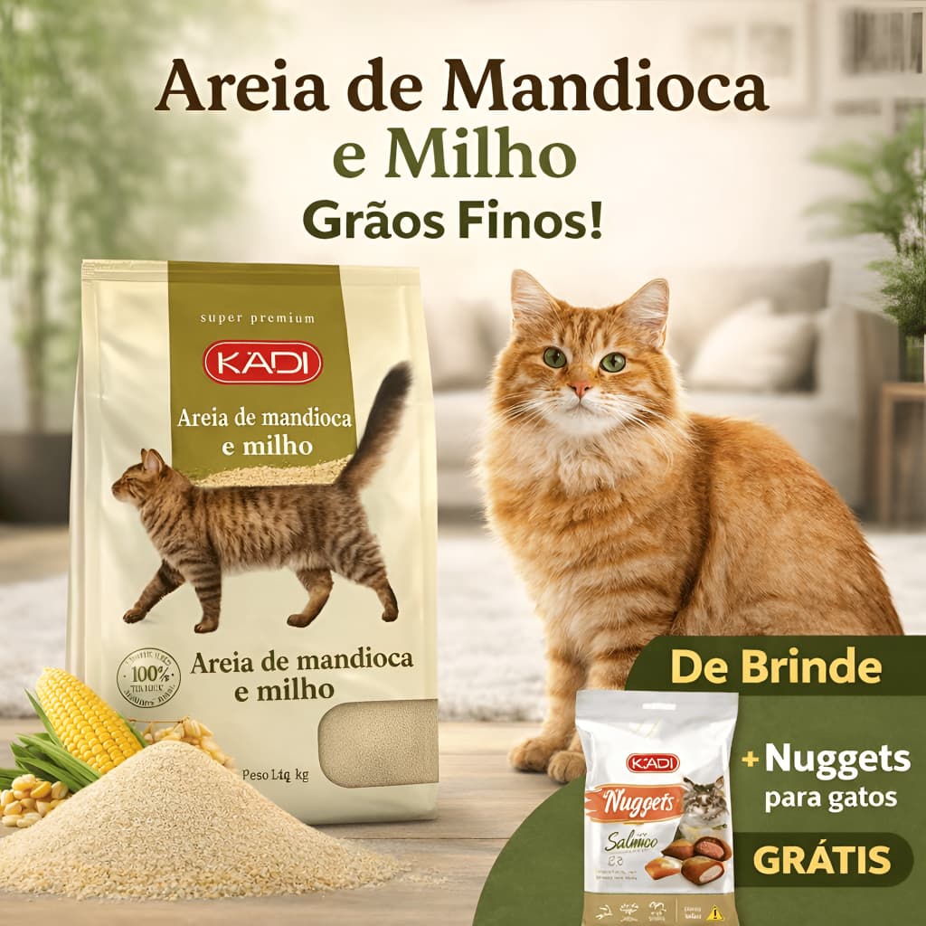 Areia de Mandioca e Milho para Gatos 4kg + Brinde Nuggets