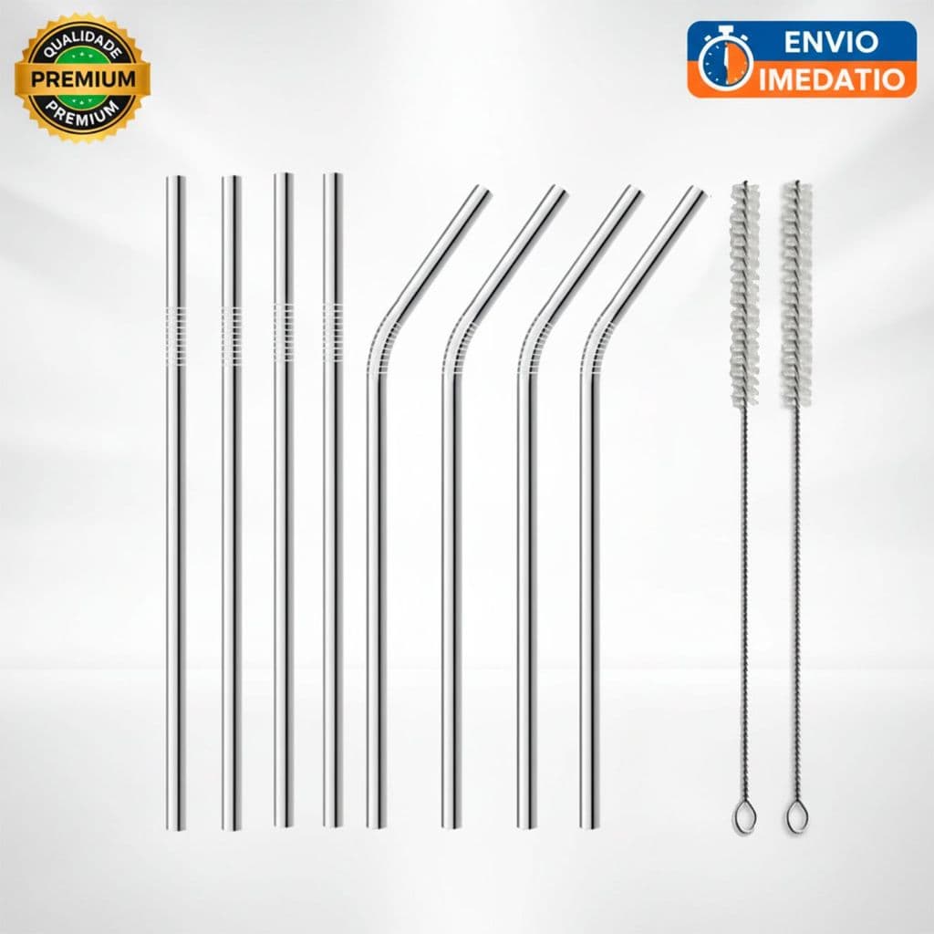 Kit 08 Canudos Inox Curvos 02 Escovas Limpeza 10 Peças Ecológico Reutilizáveis Laváveis Aço