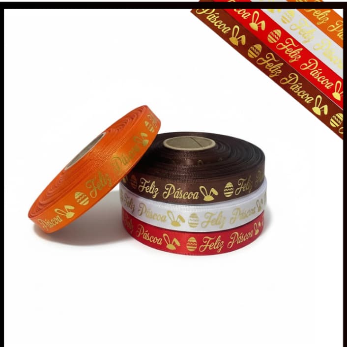 Fita Cetim Decorada Feliz Páscoa 15mm Hot Stampping Rolo 5m 10m 50m
