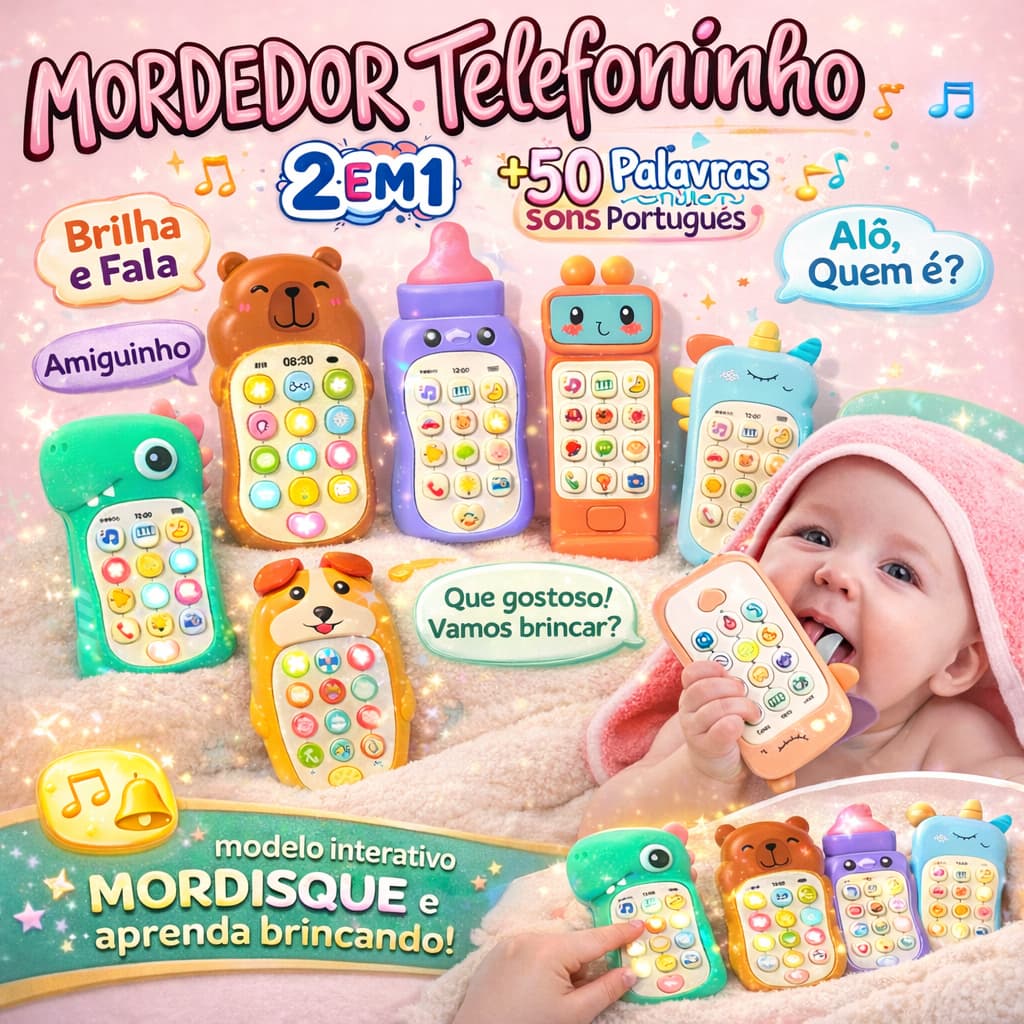 Celular Infantil Musical Telefone Interativo Mordedor com Som e Luz para Bebê