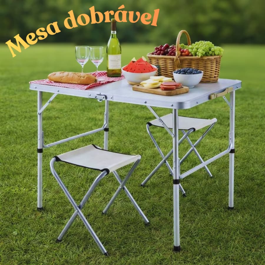 Mesa Portátil Dobrável Vira Maleta Compacta com Alça Resistente e Opção com Bancos