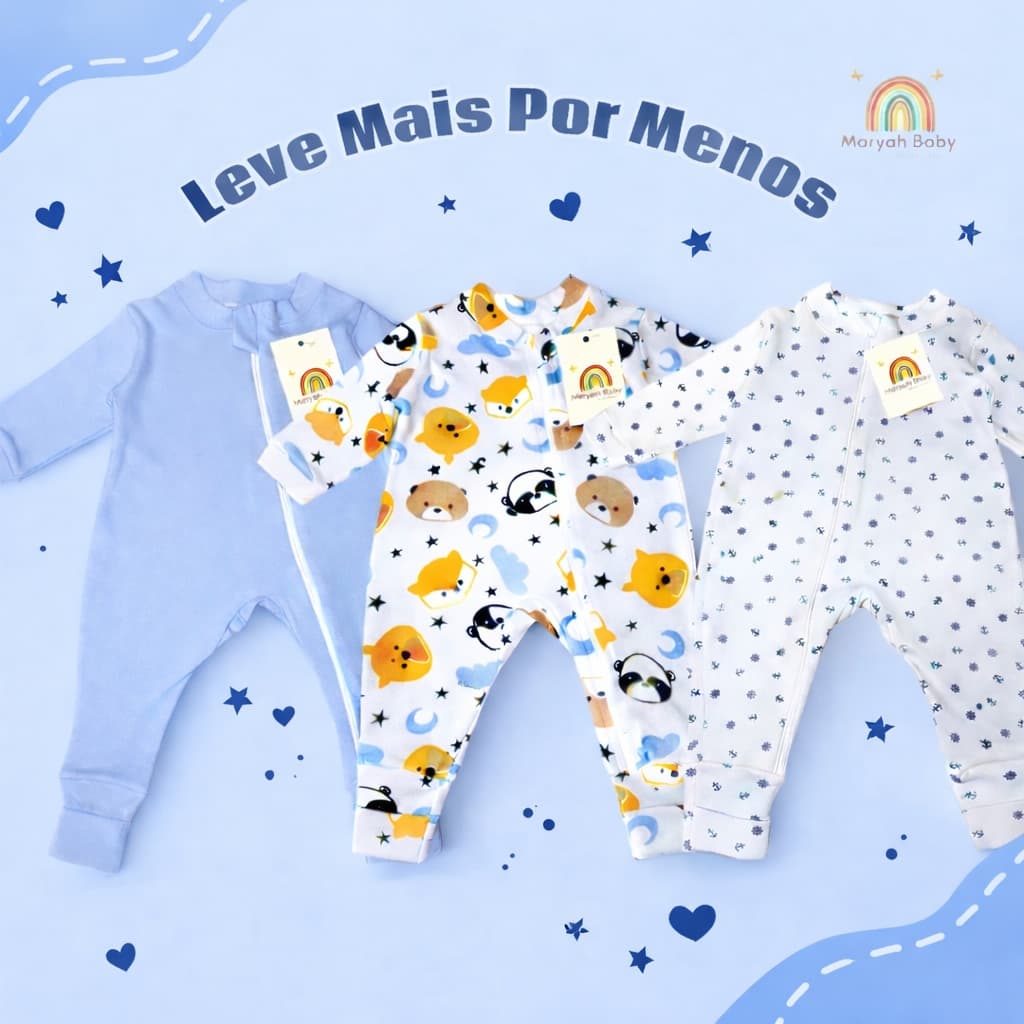 Kit com 3 macacões estampado para menino suedine 100 % algodão