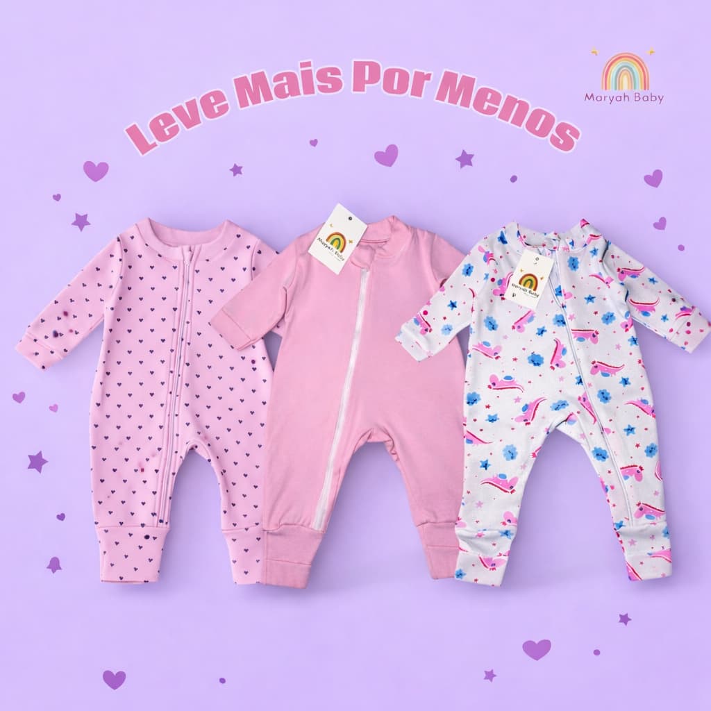 Kit com 3 macacões estampado para menina rosa com zíper