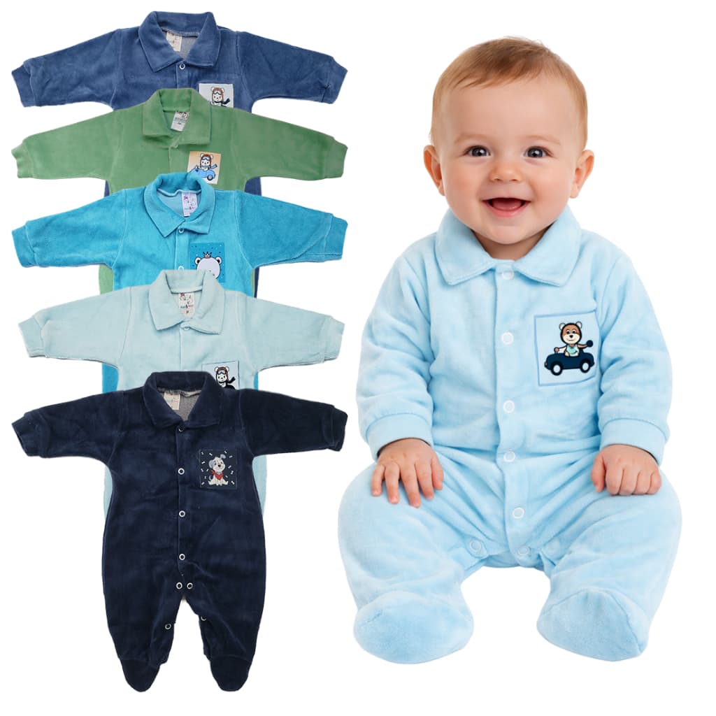 Macacão Bebê Plush Básico Algodão Patch Liso Menino Inverno Promoção